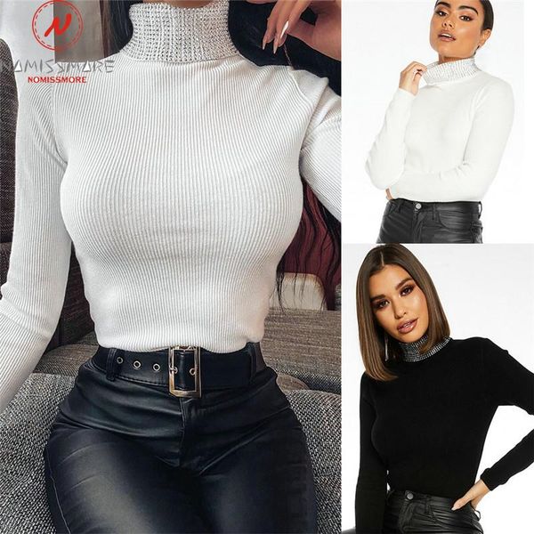 elegant women autumn winter pullovers t-shirts diamond decor high collar long sleeve solid color slim knitted top, White
elegant women autumn winter pullovers t-shirts diamond decor high collar long sleeve solid color slim knitted top, White