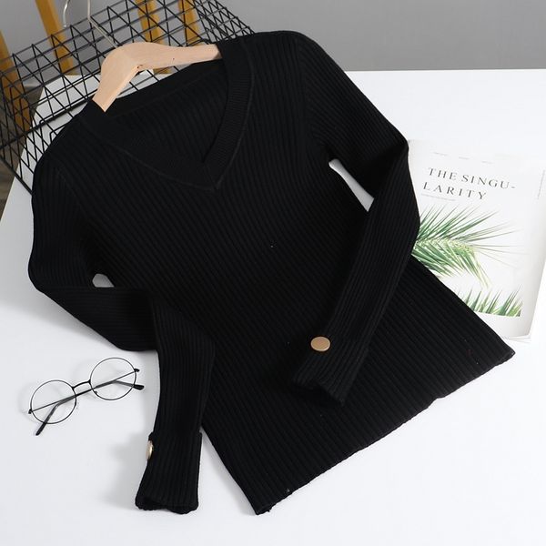 2021 new basic autumn winter warm women thick v neck knitted jumper with button slim ribbed female pullover sweater 9w9m, White;black
2021 new basic autumn winter warm women thick v neck knitted jumper with button slim ribbed female pullover sweater 9w9m, White;black