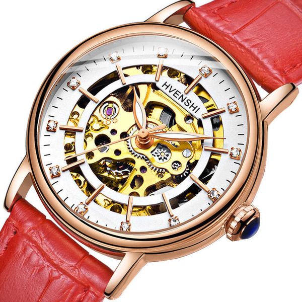 luminous automatic hvenshi full mechanical hollow watch fashion women's watch new business watch, Slivery;brown