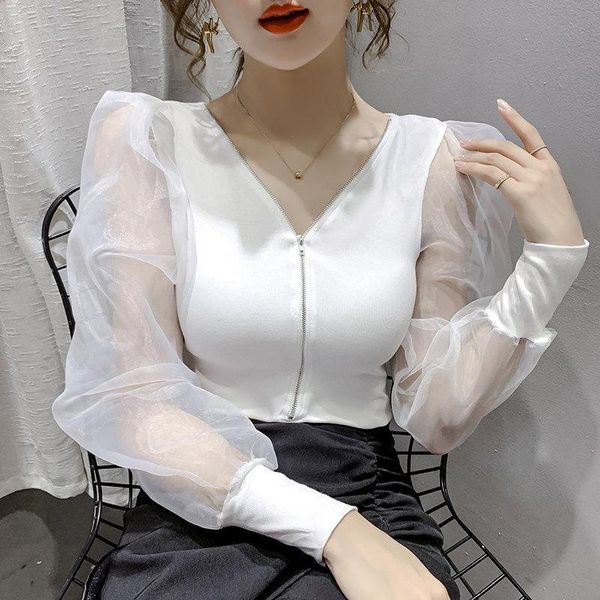 blouse women black white mesh shirts see through zipper long puff sleeve v-neck blouse spliced women shirt d107
blouse women black white mesh shirts see through zipper long puff sleeve v-neck blouse spliced women shirt d107