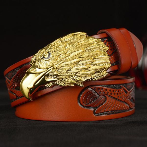 

gold eagle belt big buckle designer real leather 100% genuine leather hawk mens belts luxury cowboys, Black;brown