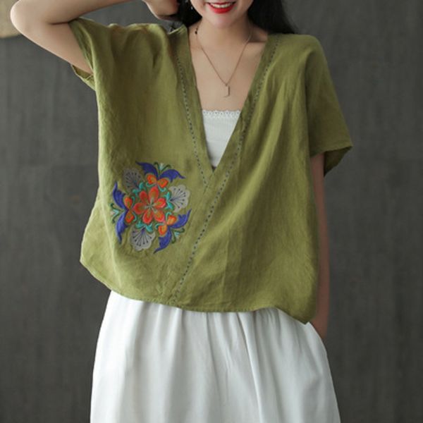 antique linen h embroidered large v-neck t-shirt in summer new style of embroidery embroidery literature and art loose and versatile rag, White
antique linen h embroidered large v-neck t-shirt in summer new style of embroidery embroidery literature and art loose and versatile rag, White