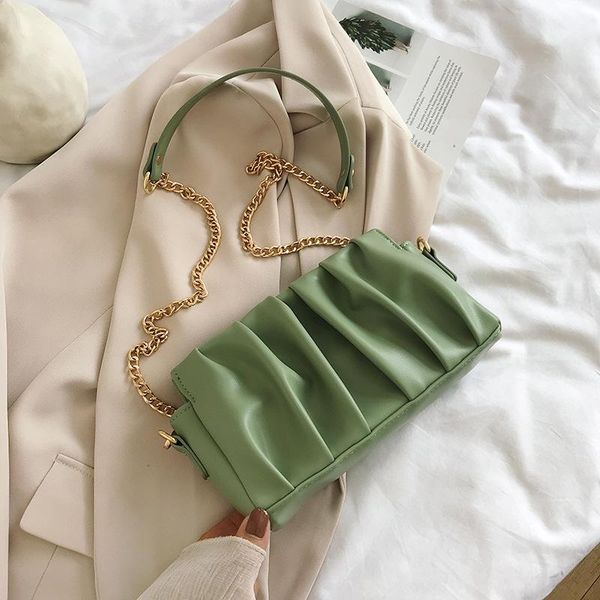 women soft pleated shoulder bags with zipper gold chains