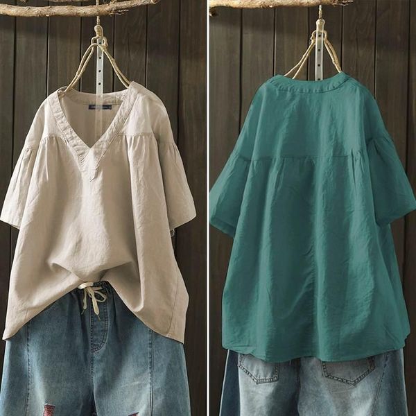 women's blouses & shirts zanzea casual loose shirt women solid summer cotton kaftan blouse short sleeve v neck patchwork fashion female, White
women's blouses & shirts zanzea casual loose shirt women solid summer cotton kaftan blouse short sleeve v neck patchwork fashion female, White