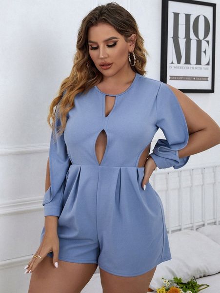 plus split sleeve keyhole neck cut out plicated detail romper 370v#, Black 
plus split sleeve keyhole neck cut out plicated detail romper 370v#, Black