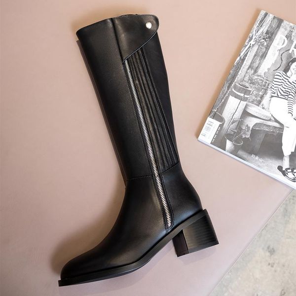female genuine leather shoe woman fashion round toe chunky high heels knee high boots winter party tight boot, Black
female genuine leather shoe woman fashion round toe chunky high heels knee high boots winter party tight boot, Black