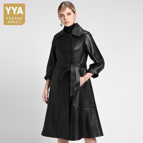 women's leather & faux elegant genuine long jacket women autumn winter style vintage belt slim sheepskin windbreaker classic double bre, Black
women's leather & faux elegant genuine long jacket women autumn winter style vintage belt slim sheepskin windbreaker classic double bre, Black