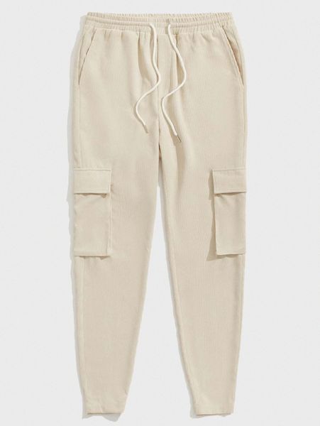 1pc flap pocket drawstring waist pants f3cw#, Black