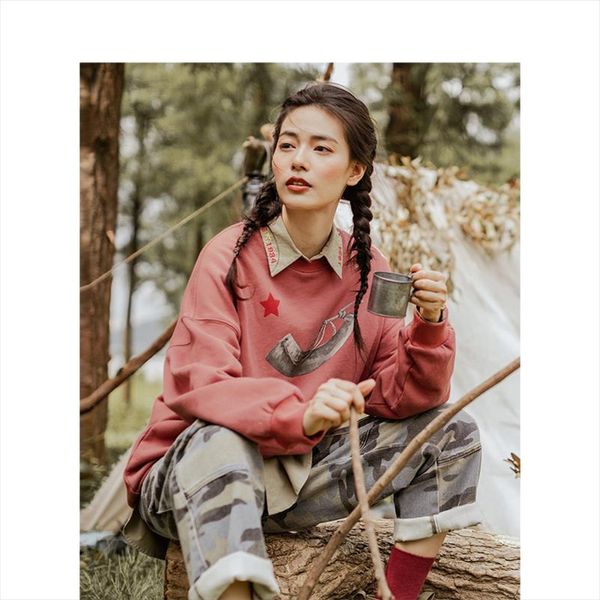 2020 autumn new arrival artsy round collar loose shape women short length screw thread women sweatshirt, Black