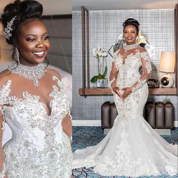 luxury crystals beaded african mermaid wedding dresses for bride 2022 jewel neck sheer long sleeves lace appliques plus size bridal wedding, White
luxury crystals beaded african mermaid wedding dresses for bride 2022 jewel neck sheer long sleeves lace appliques plus size bridal wedding, White