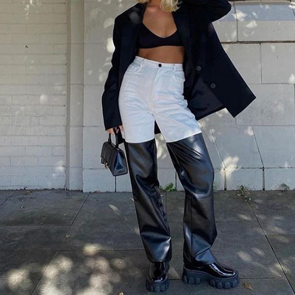 women's pants & capris women faux leather stitching pant pockets straight trousers elegant high waist office lady slim vintage leisure, Black;white
women's pants & capris women faux leather stitching pant pockets straight trousers elegant high waist office lady slim vintage leisure, Black;white