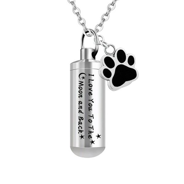 stainless steel pet paws cylinder cremation memorial ashes jewelry pendant keepsake-i love you to the moon & back, Silver
stainless steel pet paws cylinder cremation memorial ashes jewelry pendant keepsake-i love you to the moon & back, Silver