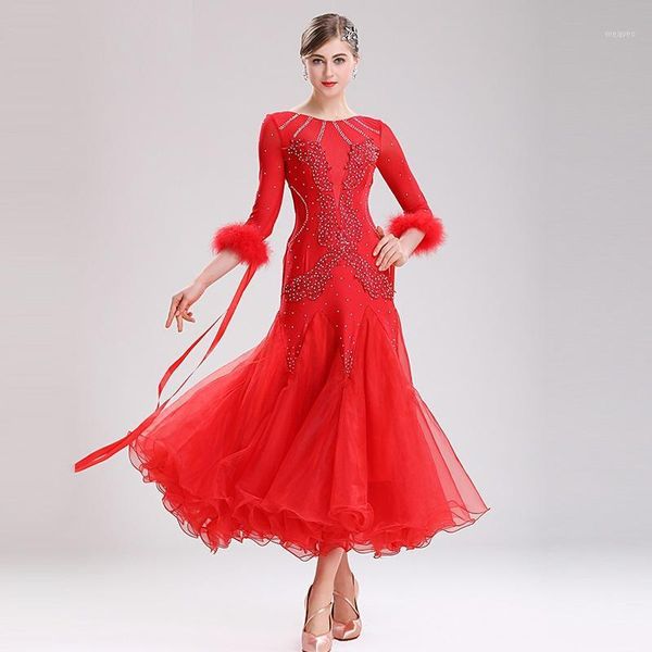 ballroom dance competition dresses waltz dance dress ballroom dress standard wear women costumes feather white1, Black;red