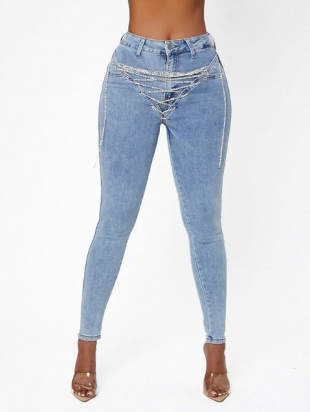 sxy chain lace up skinny jeans w33x#, Blue