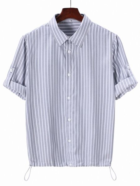 men striped print button front roll up sleeve shirt o5dl#, White;black