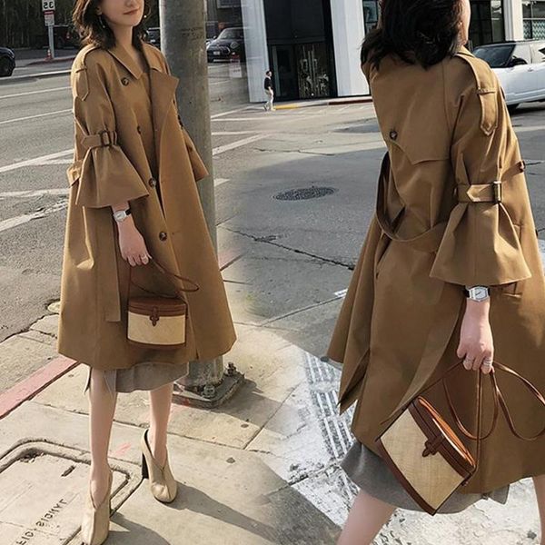 women's trench coats korean fashion double-breasted flare sleeve coat with sashes 2021 autumn casual medium long khaki women, Tan;black
women's trench coats korean fashion double-breasted flare sleeve coat with sashes 2021 autumn casual medium long khaki women, Tan;black