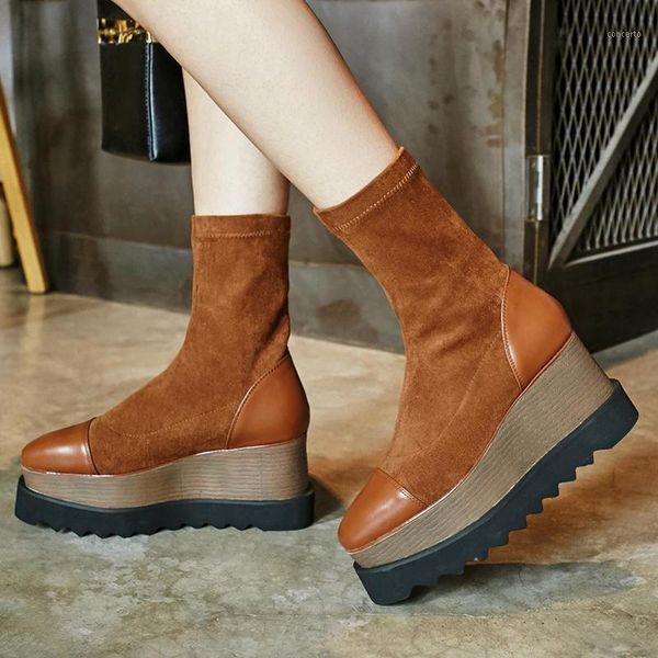 bottes femme new winter boots women's shoes genuine leather flock waterproof platform stretch mid-calf boots zapatos de mujer1, Black 
bottes femme new winter boots women's shoes genuine leather flock waterproof platform stretch mid-calf boots zapatos de mujer1, Black