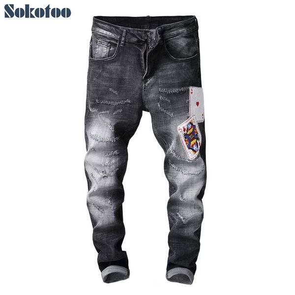 men's jeans sokotoo poker patches black ripped fashion embroidery stretch denim slim skinny pants, Blue
men's jeans sokotoo poker patches black ripped fashion embroidery stretch denim slim skinny pants, Blue