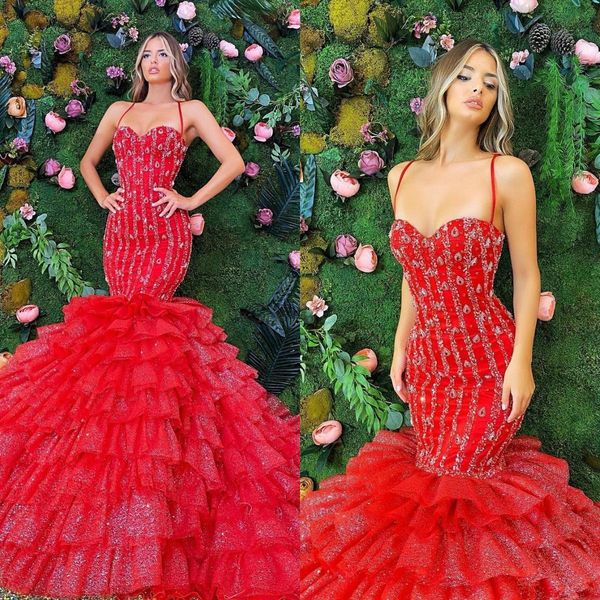 2021 luxurious crystal evening dresses mermaid tiered ruffles sweep train red carpet dress spaghetti straps formal prom gowns, Black;red
2021 luxurious crystal evening dresses mermaid tiered ruffles sweep train red carpet dress spaghetti straps formal prom gowns, Black;red