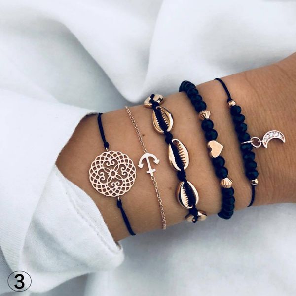 handmade woven metal shell hollow flower crescent moon charm bracelet 5pcs/set wholesale, Golden;silver
handmade woven metal shell hollow flower crescent moon charm bracelet 5pcs/set wholesale, Golden;silver
