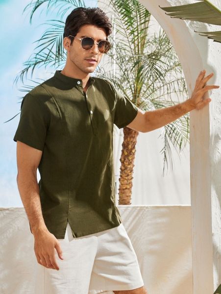 men solid half button slit hem shirt z85x#, White;black