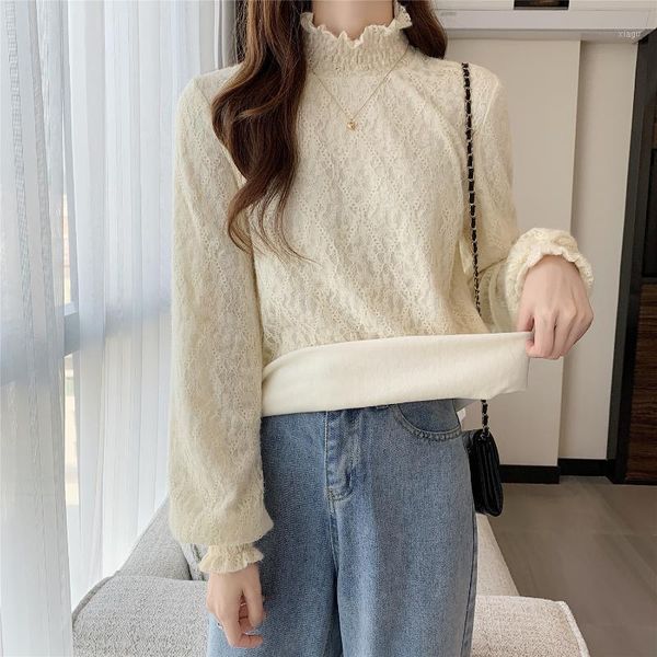 women winter petal stand collar loose basic shirt with velvet thicken lace elastic blouse elegant pullovers warm undershirt1, White 
women winter petal stand collar loose basic shirt with velvet thicken lace elastic blouse elegant pullovers warm undershirt1, White