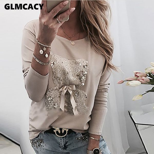 women bear pattern sequins bowknot round neck long sleeve t-shirt casual t shirt t200522, White
women bear pattern sequins bowknot round neck long sleeve t-shirt casual t shirt t200522, White
