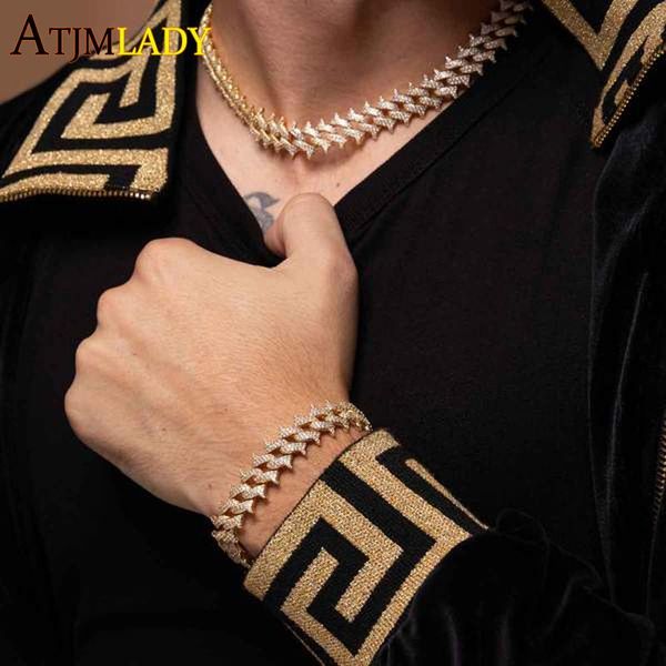 

chokers wholesale men boy hiphop jewelry rivets spiked cuban link chain iced out bling rock punk 5a cubic zirconia cz bracelet, Golden;silver