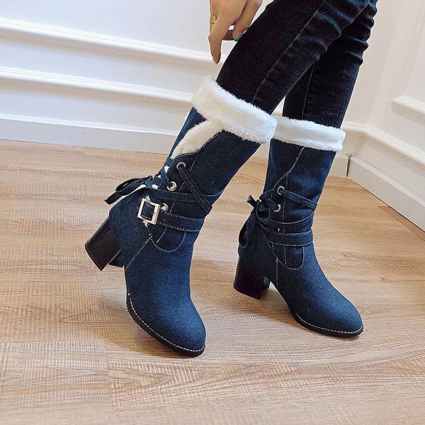 2020 fashion warm faux fur women winter shoes denim black blue buckle cross tied block high heels mid long snow boots
2020 fashion warm faux fur women winter shoes denim black blue buckle cross tied block high heels mid long snow boots
