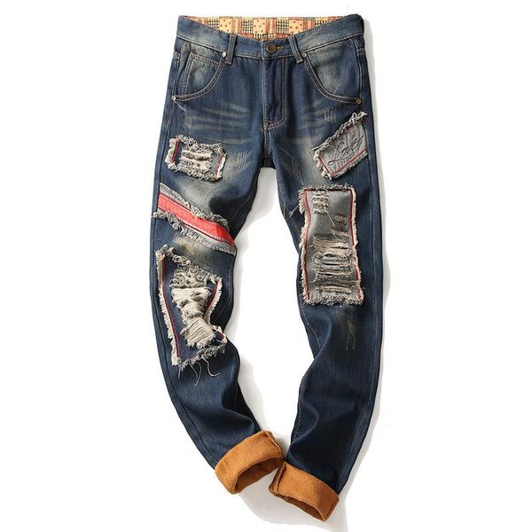 men's jeans fashion hipster ripped patch slim-fit pencil pants winter plus velvet warm denim trousers in autumn 2021, Blue
men's jeans fashion hipster ripped patch slim-fit pencil pants winter plus velvet warm denim trousers in autumn 2021, Blue