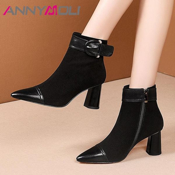 annymoli buckle real leather ankle boots women shoes kid suede high heels short boots pointed toe thick heels zip lady 41, Black
annymoli buckle real leather ankle boots women shoes kid suede high heels short boots pointed toe thick heels zip lady 41, Black