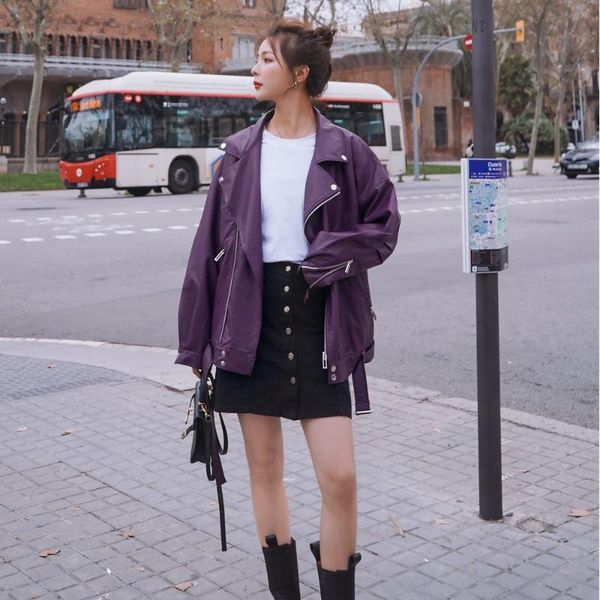women's leather & faux jacket female purple pocket korean loose long sleeve spring autumn locomotive street cool bomber 99q, Black
women's leather & faux jacket female purple pocket korean loose long sleeve spring autumn locomotive street cool bomber 99q, Black