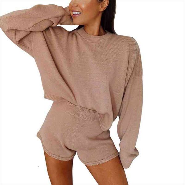 female knitted suit solid color loose long sleeve round neck short pants warm sweater home wear, White
female knitted suit solid color loose long sleeve round neck short pants warm sweater home wear, White