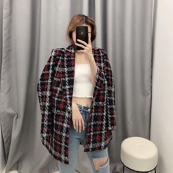women's suits & blazers plaid printed blazer vintage women winter warm jacket elegant double breasted suit ladies outerwear wool blend, White;black
women's suits & blazers plaid printed blazer vintage women winter warm jacket elegant double breasted suit ladies outerwear wool blend, White;black