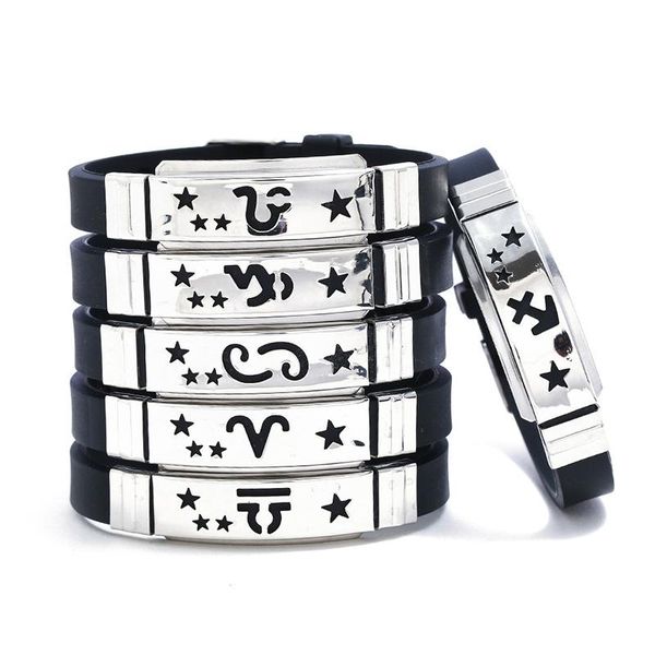 12 constellation bracelet stainless steel black silicone chain bangle fashion jewelry women men casual zodiac sign punk bracelet, Golden;silver
12 constellation bracelet stainless steel black silicone chain bangle fashion jewelry women men casual zodiac sign punk bracelet, Golden;silver
