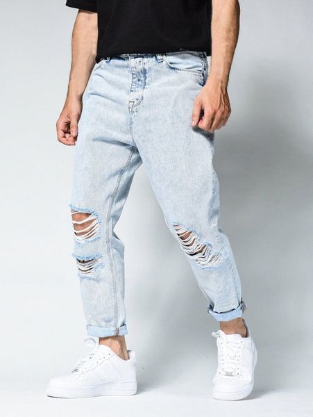 romwe guys ripped cuffed jeans b0wm#, Blue