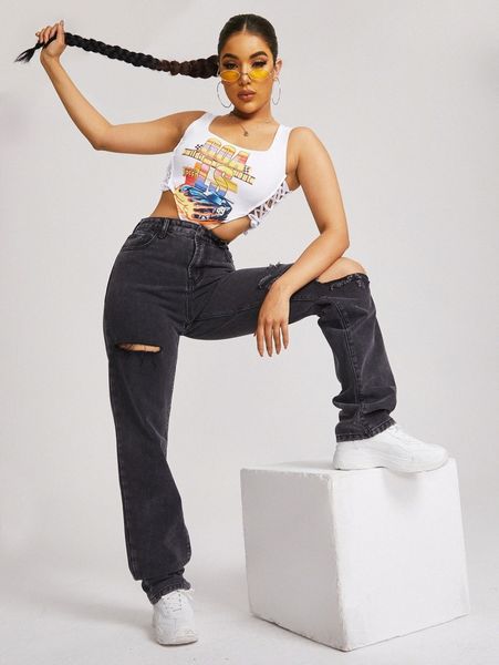 high waist ripped boyfriend jeans n9sl#, Blue