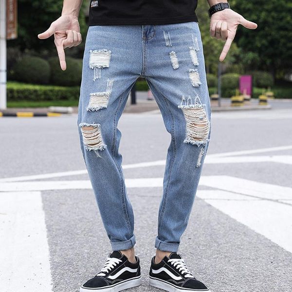 jeans trendy ripped straight loose brand destroyed cropped trousers ripped denim male casual korean long style hole ruined jeans, Blue
jeans trendy ripped straight loose brand destroyed cropped trousers ripped denim male casual korean long style hole ruined jeans, Blue