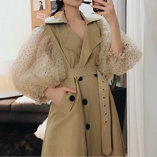 women's trench coats 2021 spring autumn patchwork polka dot lantern sleeve coat female high waist lace up windbreaker fashion, Tan;black
women's trench coats 2021 spring autumn patchwork polka dot lantern sleeve coat female high waist lace up windbreaker fashion, Tan;black
