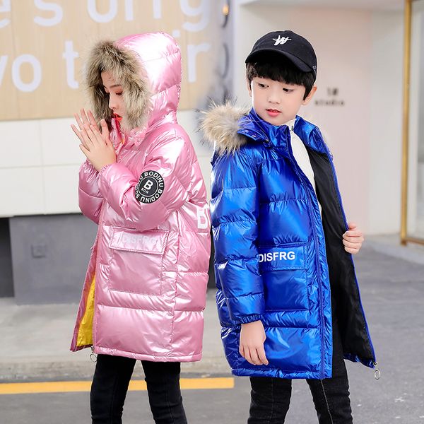 large bright face children's down jacket new winter thickened boys and girls medium long white duck hair collar coat, Blue;gray 
large bright face children's down jacket new winter thickened boys and girls medium long white duck hair collar coat, Blue;gray