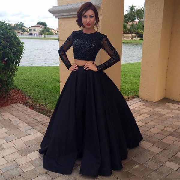 vintage long sleeves two pieces prom dresses with sequins beaded jewel neck sweep train formal evening party gowns, Black
vintage long sleeves two pieces prom dresses with sequins beaded jewel neck sweep train formal evening party gowns, Black