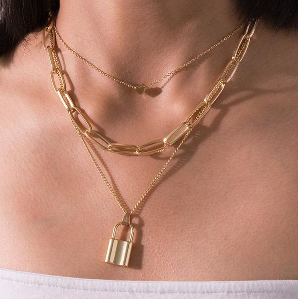 chains punk hyperbole metal lock pendant necklaces for women female gold color alloy chain heart multi layed choker necklace jewelry, Silver
chains punk hyperbole metal lock pendant necklaces for women female gold color alloy chain heart multi layed choker necklace jewelry, Silver