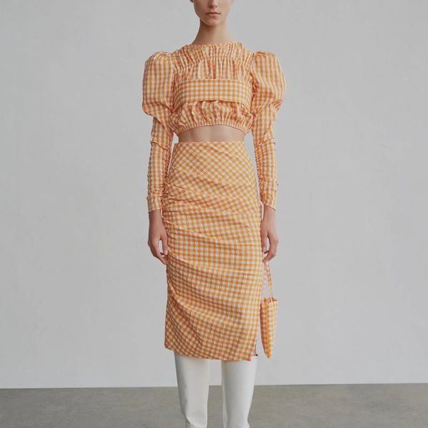 za new suits women two piece set orange plaid printed shirt&pleated skirt high waist female woman clothes t200702, White
za new suits women two piece set orange plaid printed shirt&pleated skirt high waist female woman clothes t200702, White