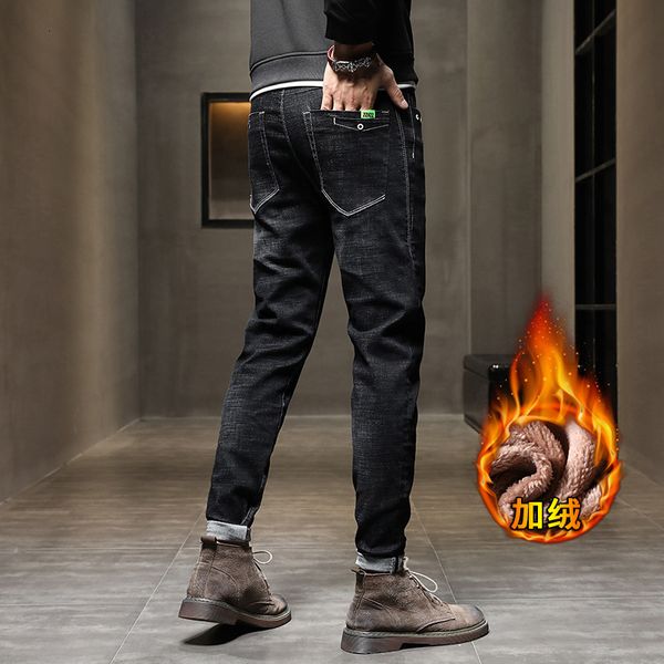 winter plush jeans thickened trend korean elastic slim leggings warm men's pants, Blue 
winter plush jeans thickened trend korean elastic slim leggings warm men's pants, Blue