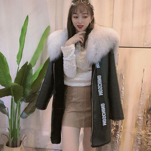 women's leather & faux and fur in one medium long sheepskin fashion big wool collar coat warm loose, Black
women's leather & faux and fur in one medium long sheepskin fashion big wool collar coat warm loose, Black