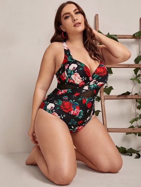 plus floral print wrap one piece swimsuit j452#, Black 
plus floral print wrap one piece swimsuit j452#, Black