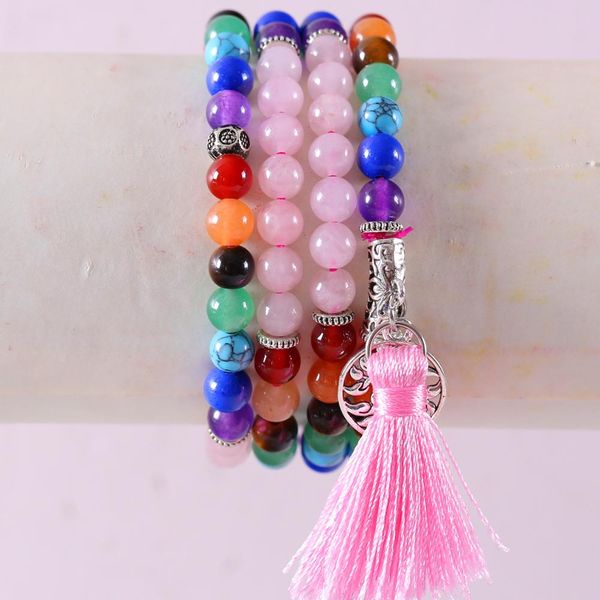 women long bracelet natural mala gem stone round bead tassel 7 chakra pink crystal reiki boho necklace 27" h074, Black
women long bracelet natural mala gem stone round bead tassel 7 chakra pink crystal reiki boho necklace 27" h074, Black