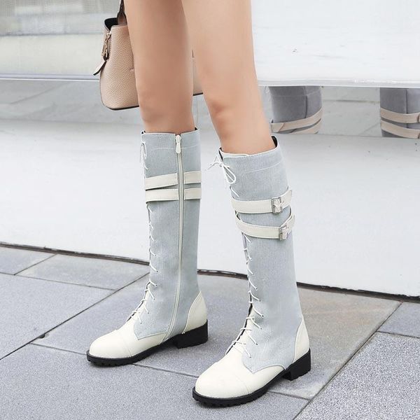 boots european style cross tied denim lady shoes round toe patchwork knee high plus size women knight, Black
boots european style cross tied denim lady shoes round toe patchwork knee high plus size women knight, Black