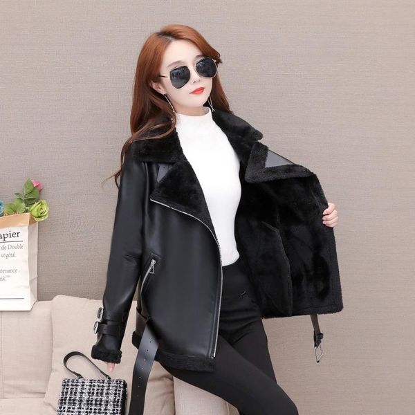 winter warm women jacket fur long sleeved loose belt lamb wool thickened black chic pu locomotive lapel female coat fashion
winter warm women jacket fur long sleeved loose belt lamb wool thickened black chic pu locomotive lapel female coat fashion