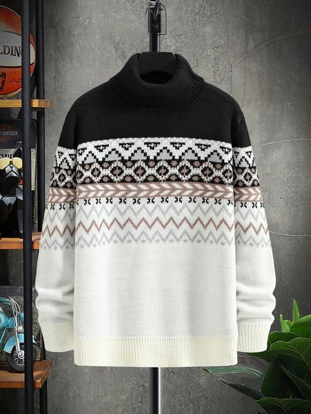 men geo & chevron pattern turtle neck sweater v37q#, White;black 
men geo & chevron pattern turtle neck sweater v37q#, White;black
